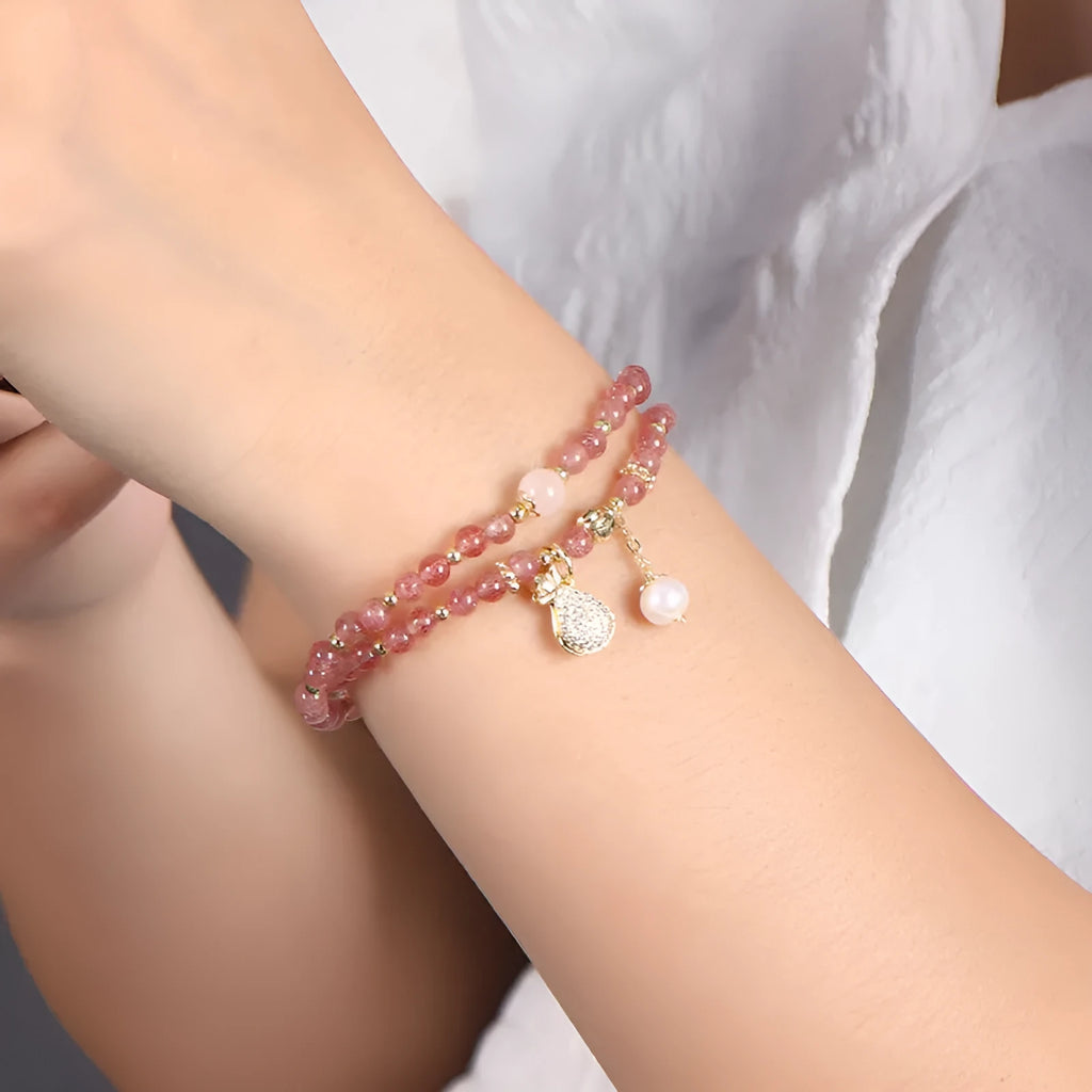Natural strawberry quartz crystal bracelet with geometric shape beads for women