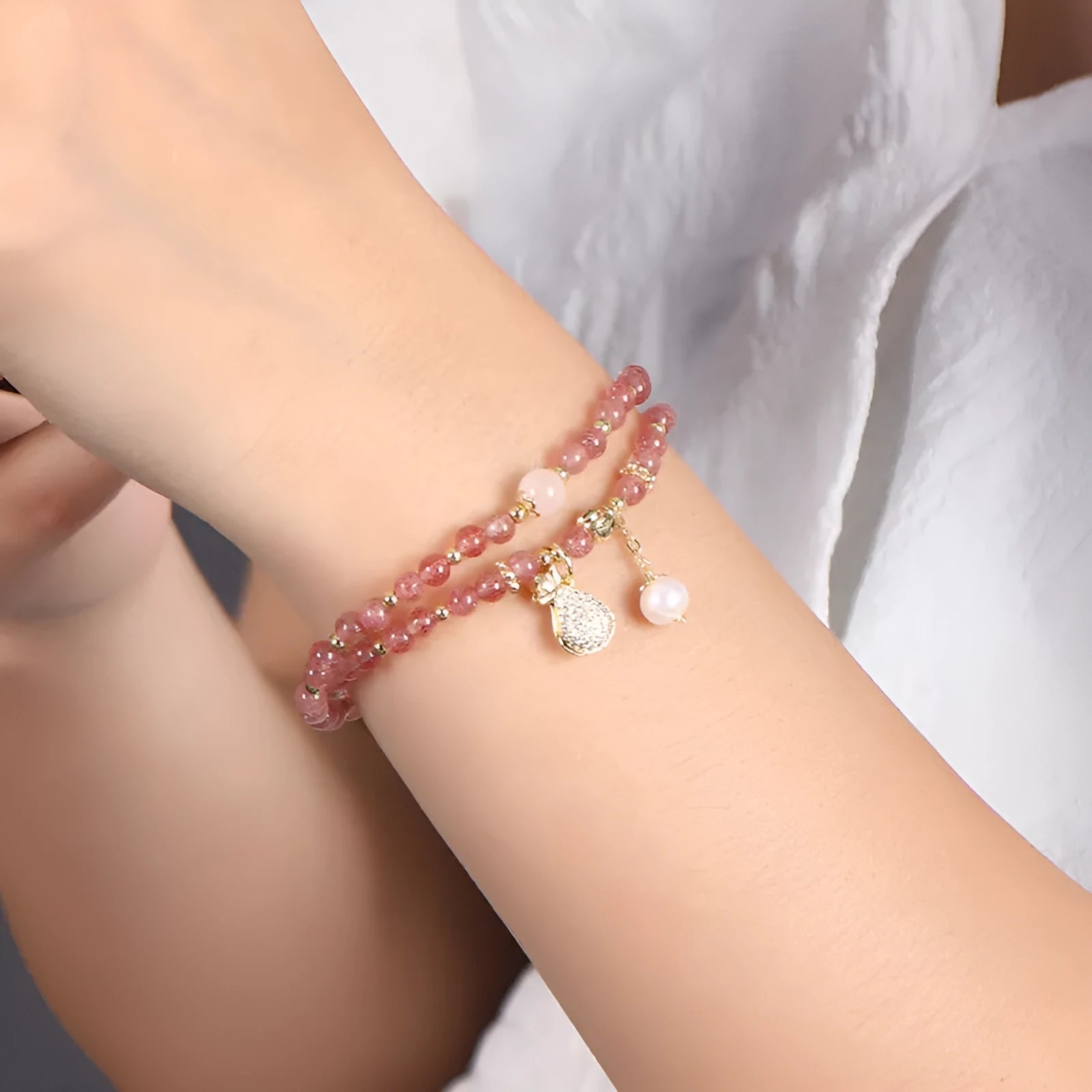 Natural strawberry quartz crystal bracelet with geometric shape beads for women