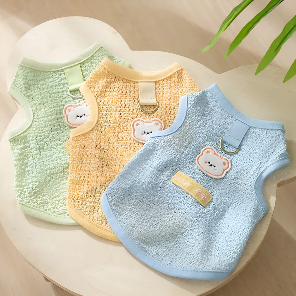 Knitted cat clothing with hollowed-out breathable design and cartoon bear patch in green colour