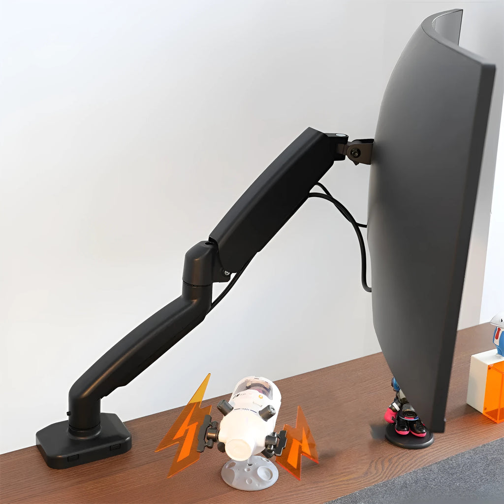 Black rotating telescopic LCD screen bracket on a desk showing height adjustment