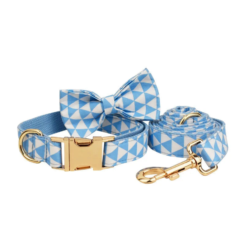 Blue triangular ring dog collar leash bow vest four-piece set on cloth material with size options XS to XL
