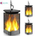 Set of four black solar-powered hanging flame torch lights for outdoor garden decoration.
