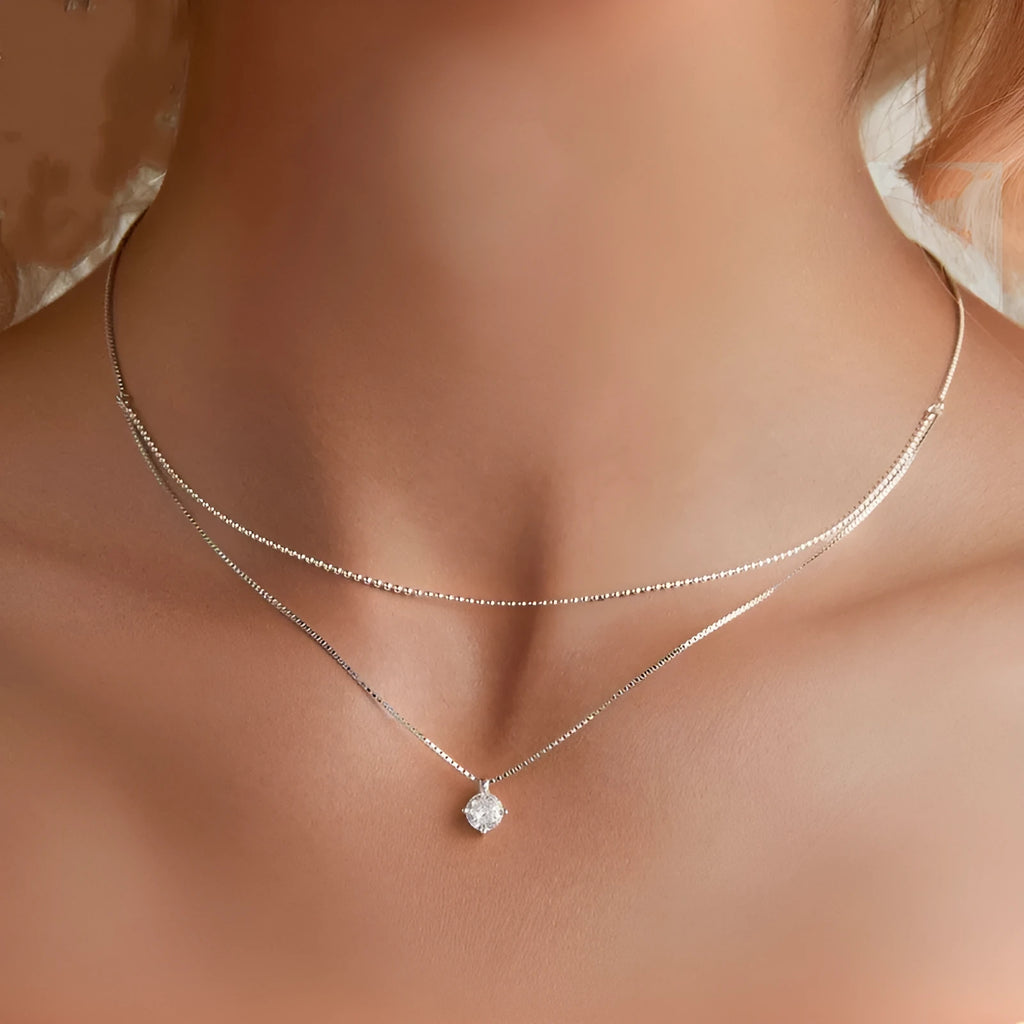S925 sterling silver double-layer necklace with pearl chain and pendant for women.