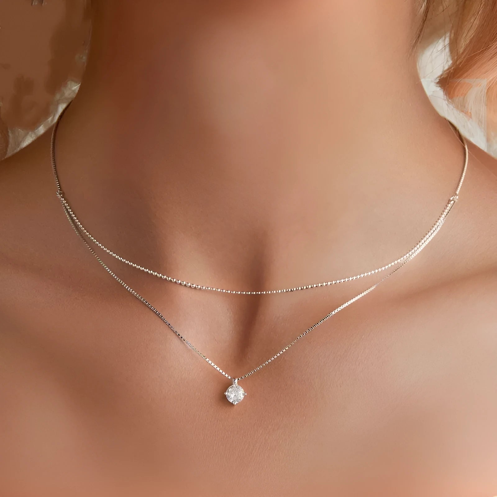 S925 sterling silver double-layer necklace with pearl chain and pendant for women.