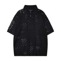 Men's solid colour short-sleeved polo shirt with a hollow knit texture, shown in black and white.