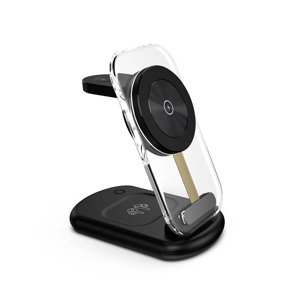 Transparent folding magnetic three-in-one wireless charger in black or white with QC3.0 fast charge