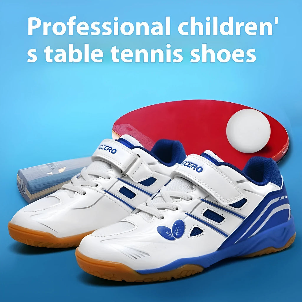 Breathable and non-slip lightweight badminton shoes in white and blue colour with low-top design and PVC rib sole