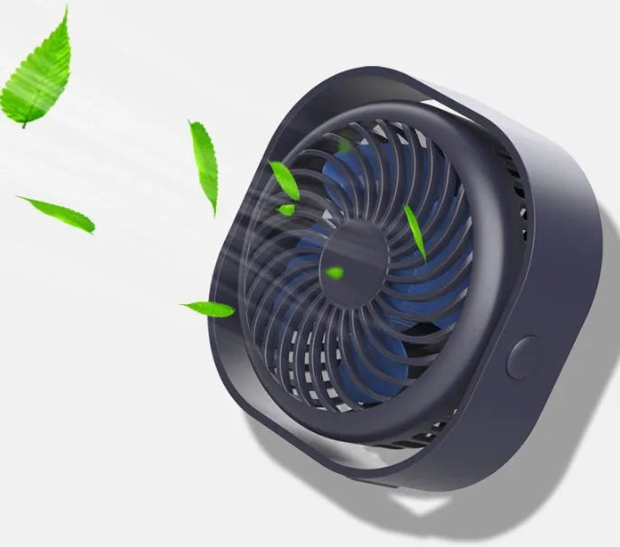 USB charging fan with alarm clock design showing 360-degree rotation feature in blue colour