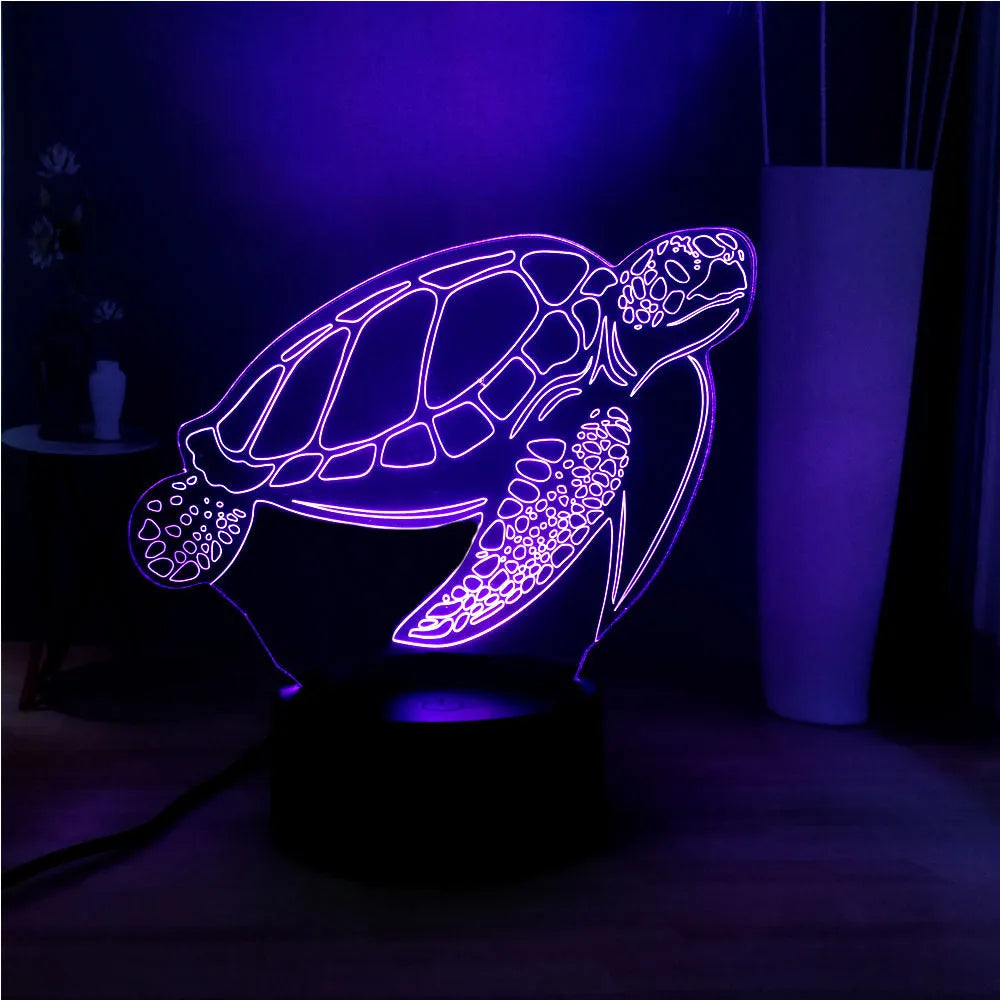 3D acrylic turtle LED night light showing colour-changing illumination and remote control
