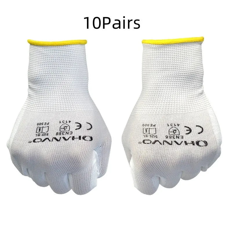 White PU coated industrial work gloves showing flexible construction and 24 cm length