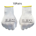 White PU coated industrial work gloves showing flexible construction and 24 cm length