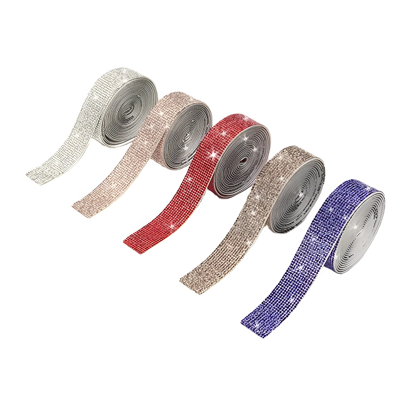 Long glass strip with self-adhesive backing for clothing decoration, shown in white and AB colour.