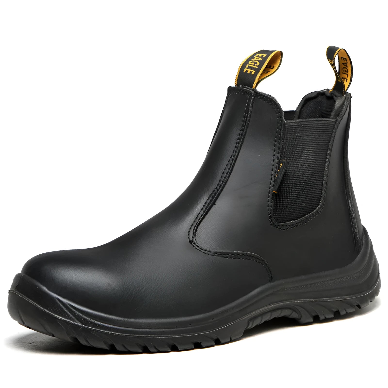 Black high-top leather safety work boots with anti-piercing sole on a workbench.