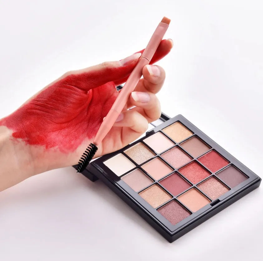 Ten makeup brushes with wooden handles including powder, foundation, and detail brushes for complete face application
