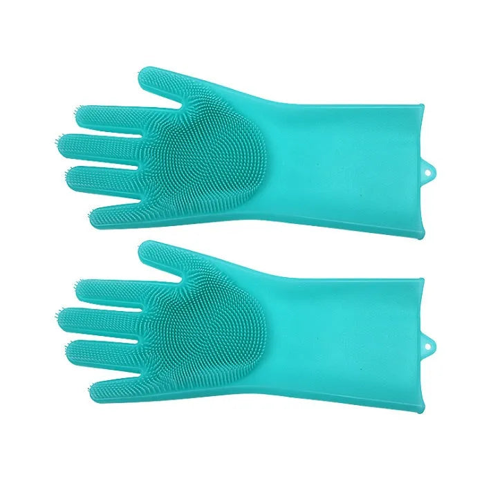 Silicone heat-resistant cleaning brush scrubbing gloves in blue with built-in sponge, non-slip, 357x165mm