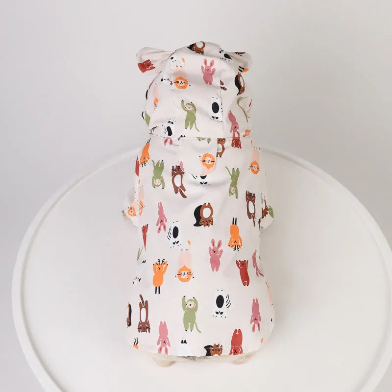 Beige cartoon dog raincoat with cat head design, made from waterproof PU material.