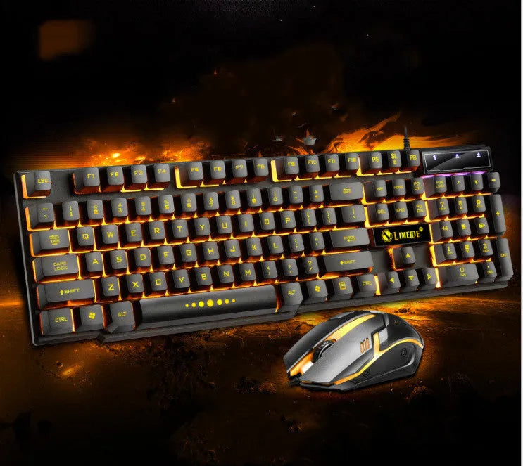 Limei GTX300 white RGB backlit gaming keyboard and mouse set on a desktop