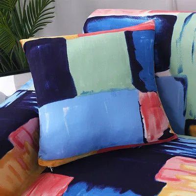 Geometric abstract printed stretchable sofa slipcover on a double seat sofa, polyester and spandex, modern simplicity style