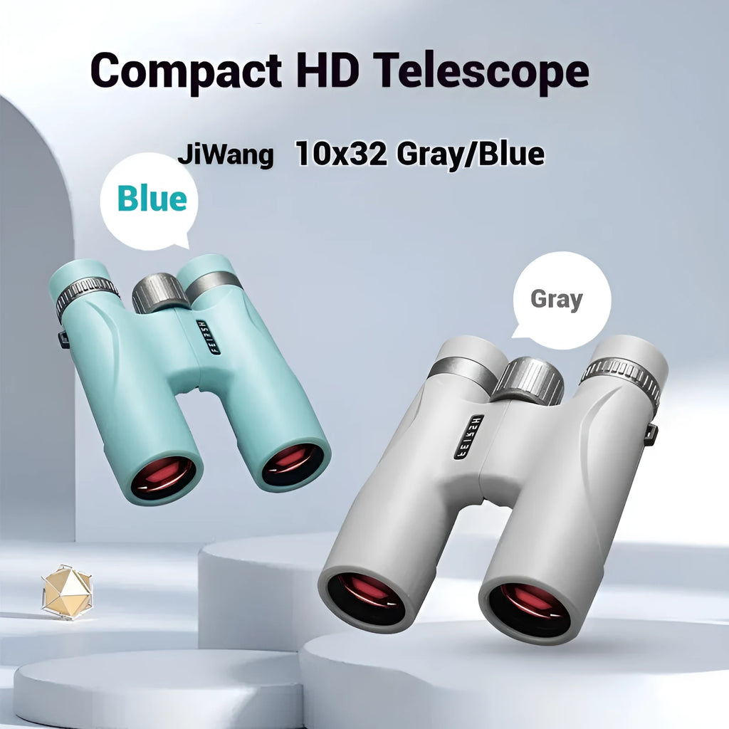 Blue 10x32 binoculars with wine red film imaging showing 16mm eyepiece and 32mm objective lens