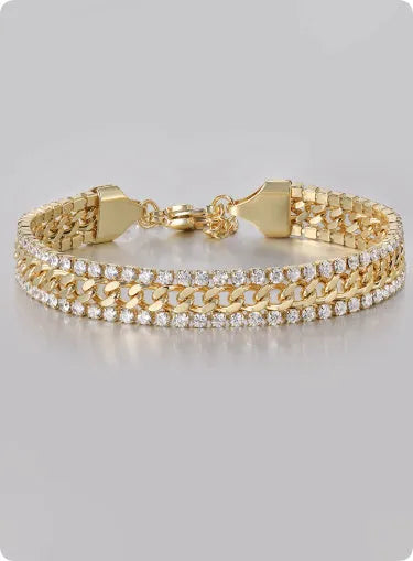 Gold tone titanium steel tennis bracelet with artificial gemstone inlay for men and women