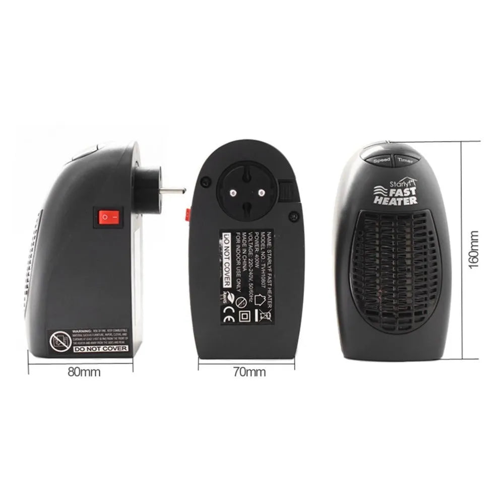 Black compact mini ceramic electric heater with digital display and a rotating plug.