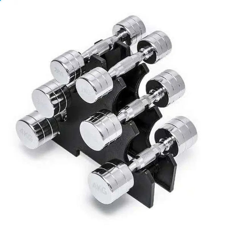 Silver pure steel dumbbell with ergonomic handle on a plain background