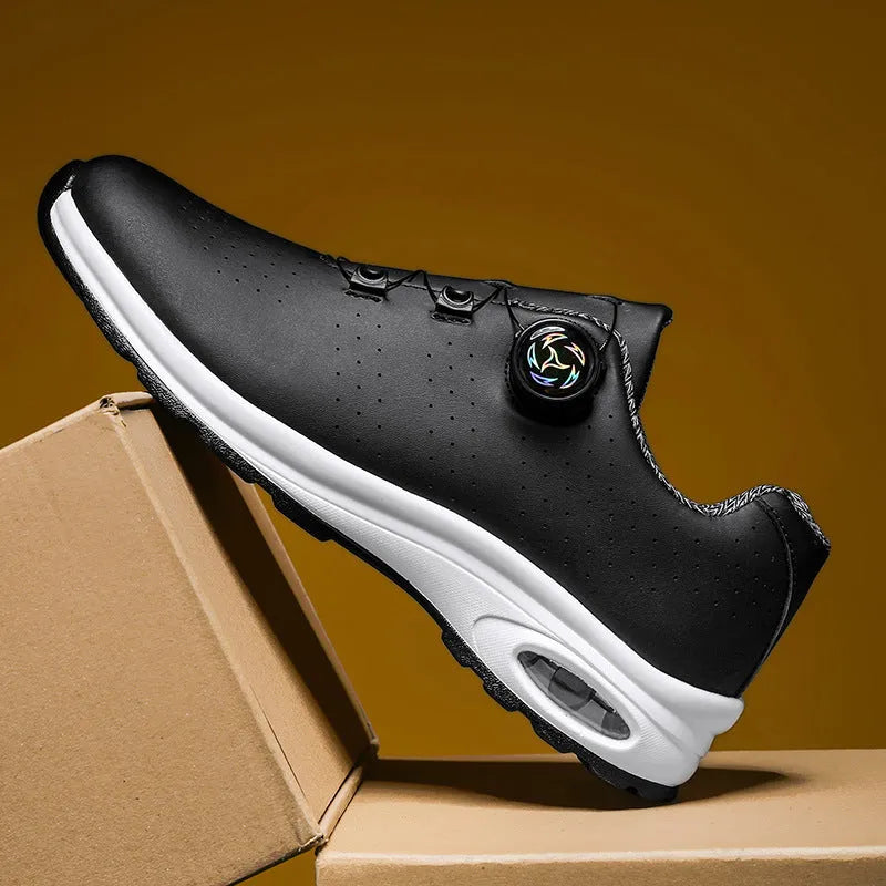Men's black and white low-top mesh casual tennis shoes with cross straps and composite sole