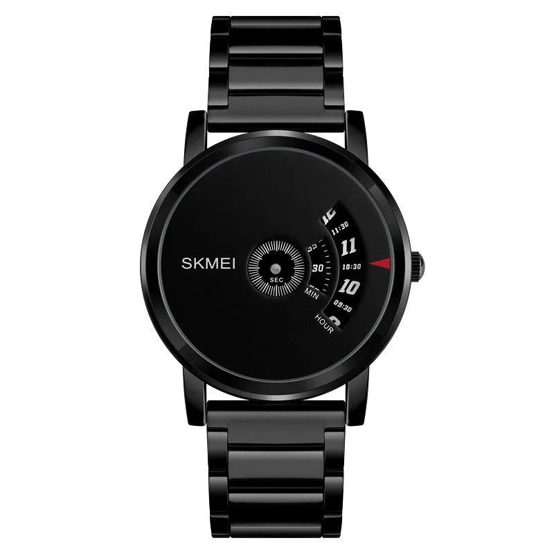 Creative business men's quartz watch with 39mm silver dial, stainless steel back, and alloy case on a steel belt