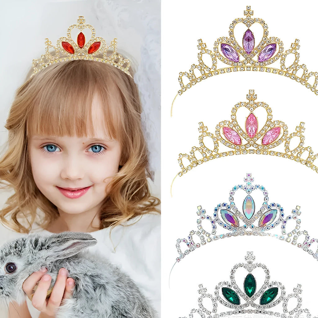 Gold tone alloy princess crown headdress with red coloured diamond accents for girls.