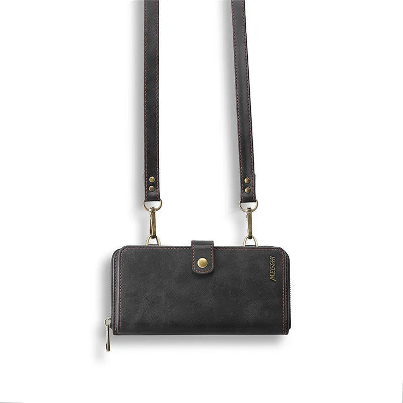 Leather-style flip phone case with detachable magnetic wallet backpack in black, blue, brown, or red