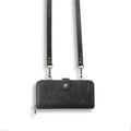 Leather-style flip phone case with detachable magnetic wallet backpack in black, blue, brown, or red