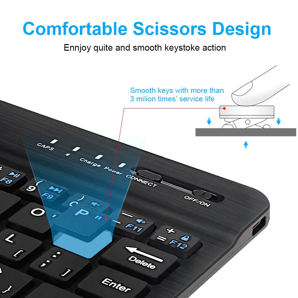 Black and white mini Bluetooth wireless keyboard shown in 10-inch, 9-inch, and 7-inch size options.