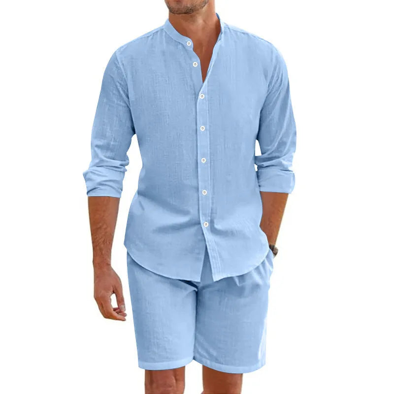 Men's dark grey linen blend short sleeve shirt and matching shorts two-piece set laid flat.