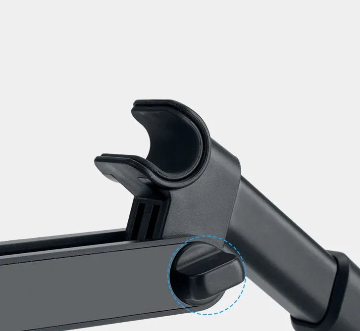 Black plastic car phone holder mounted on rear seat base holding a tablet for navigation