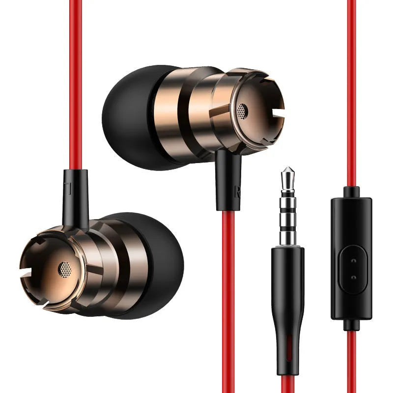 Metal turbo in-ear wired headphones with 3.5mm plug and microphone on a surface