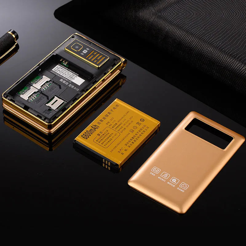 Dual screen flip phone open showing large touch display and external smaller screen on front.