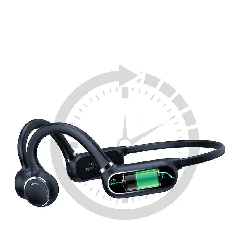 Black air conduction wireless earphone with ear-hooking design and touch controls.