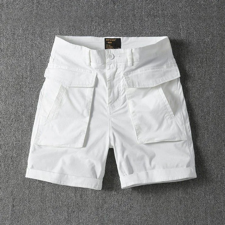 Men's straight-leg cotton cargo shorts in khaki with multiple pockets.