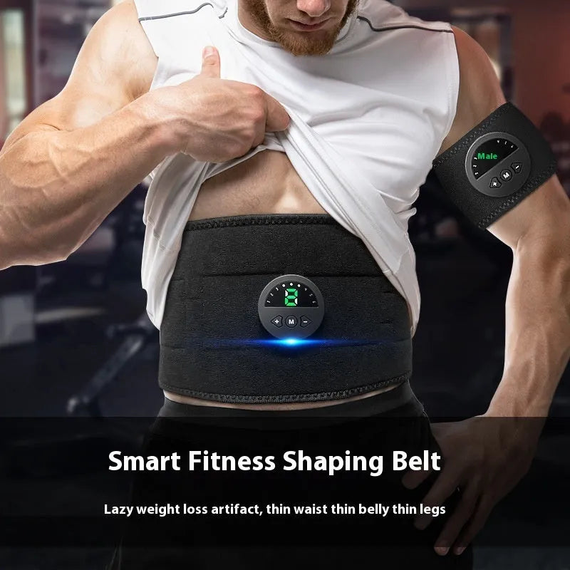 Smart abdominal vibration fitness belt with display screen on adjustable strap.