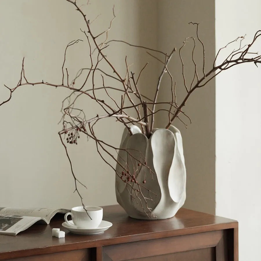 Irregular abstract ceramic vase in magnesium clay for flower arrangement decor