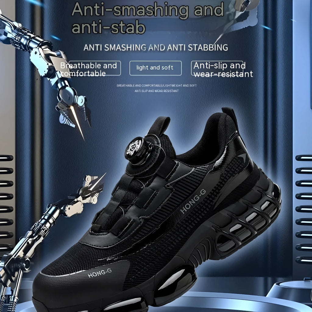 Lightweight black safety work shoes with a steel toe cap and breathable flyweave upper on a work floor.