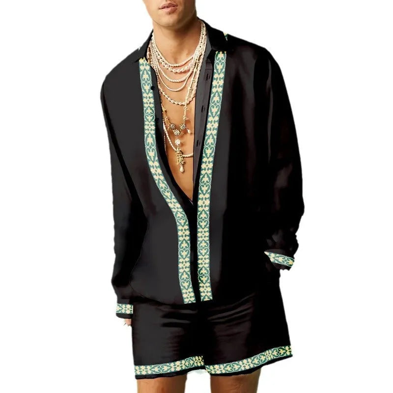 Men's slim fit casual summer set with long sleeve shirt and matching shorts in various colours.
