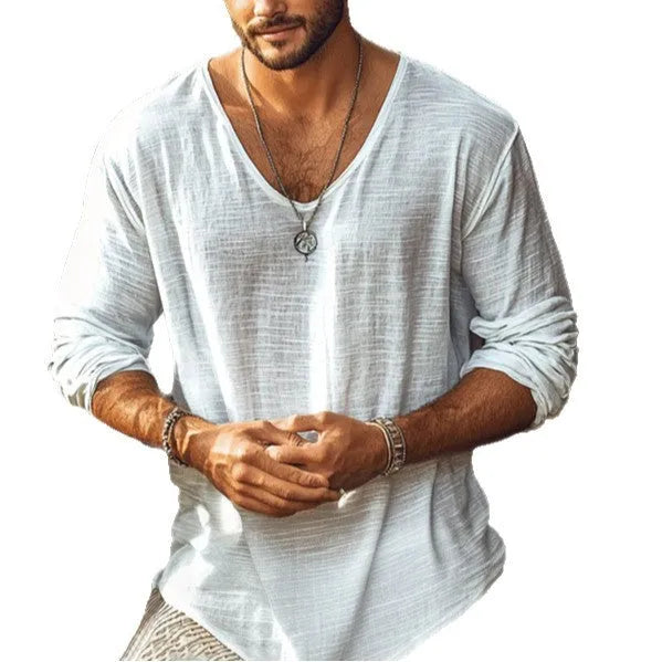 Beige V-neck long-sleeved slim fit T-shirt made from hemp-blend fabric.