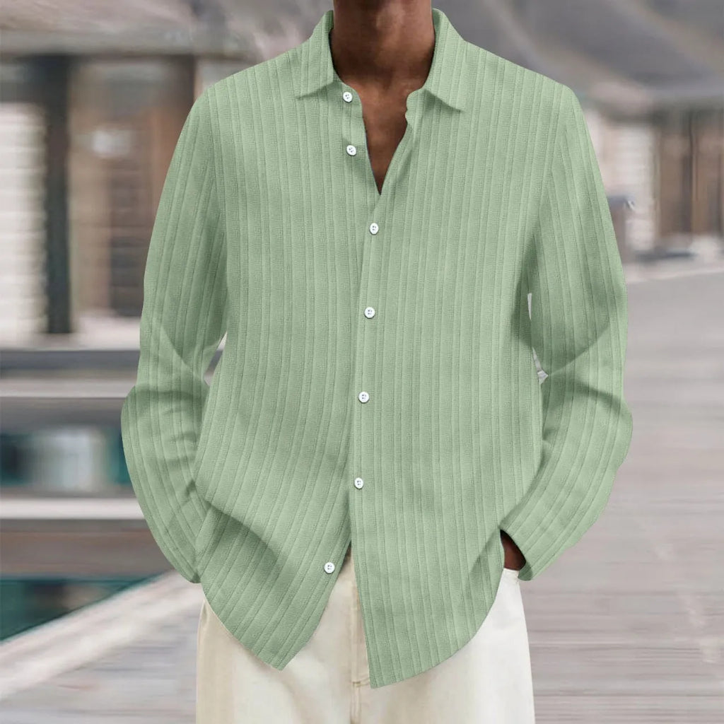 Men's striped cardigan long sleeve shirt in British style loose fit, available in multiple colours