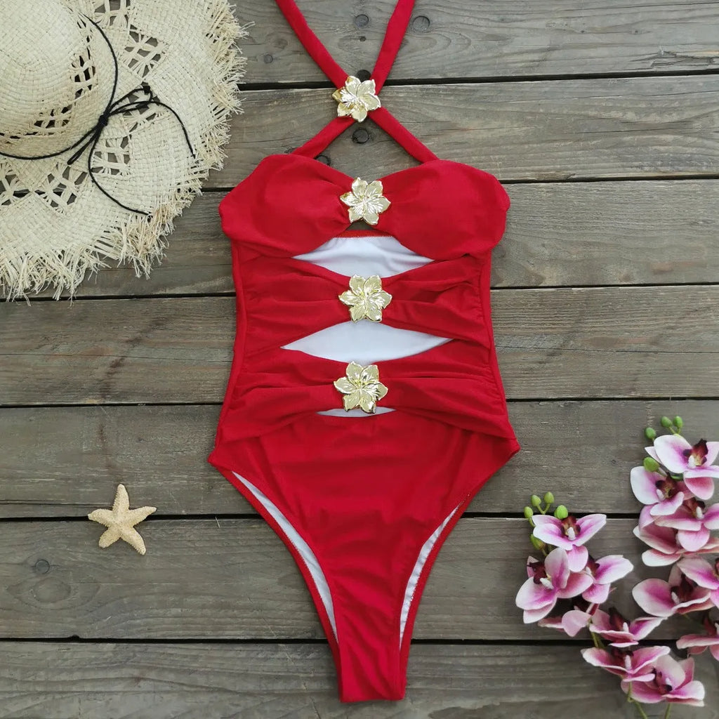 Women's solid colour one-piece swimsuit with detachable skirt and hollow-out tube top design