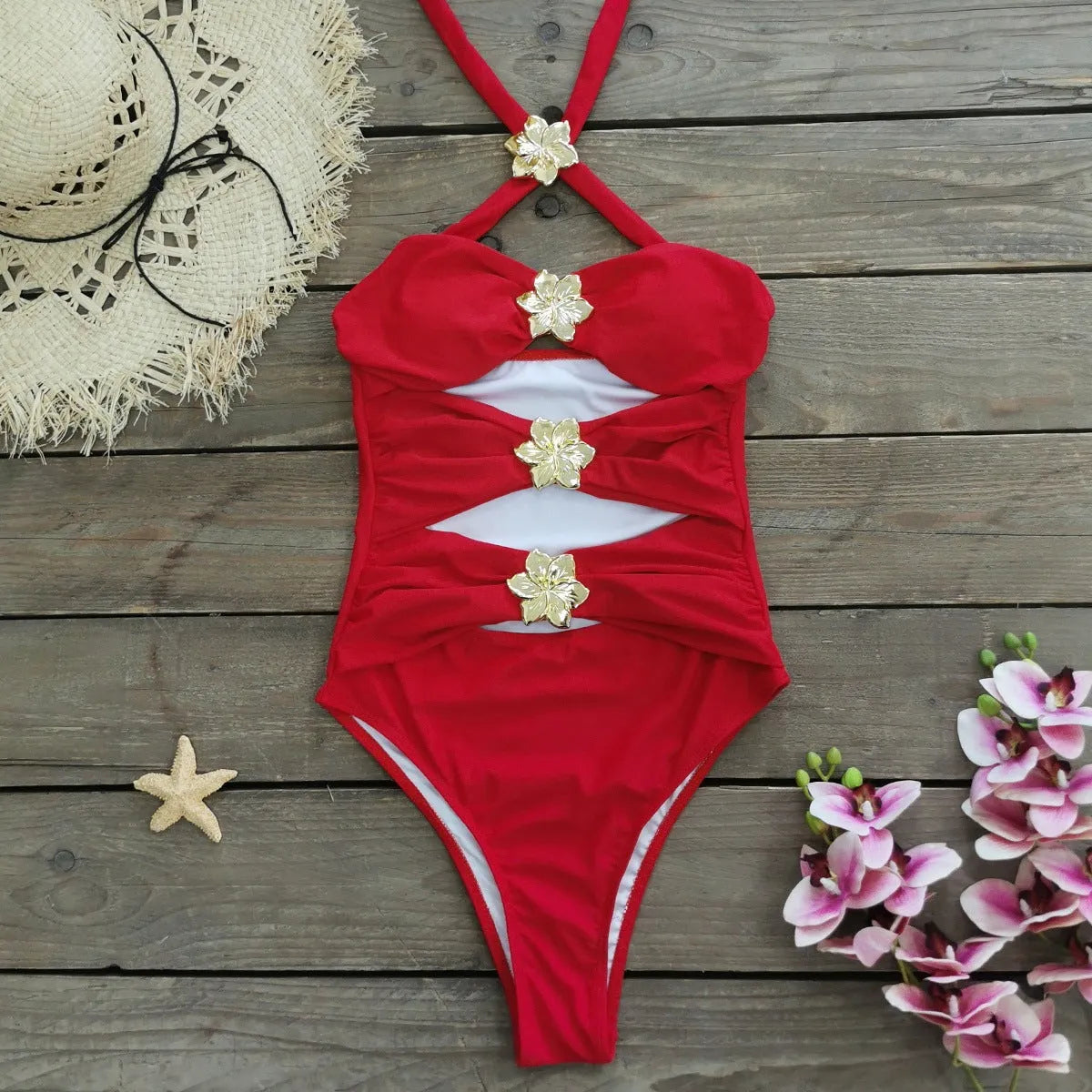 Women's solid colour one-piece swimsuit with detachable skirt and hollow-out tube top design