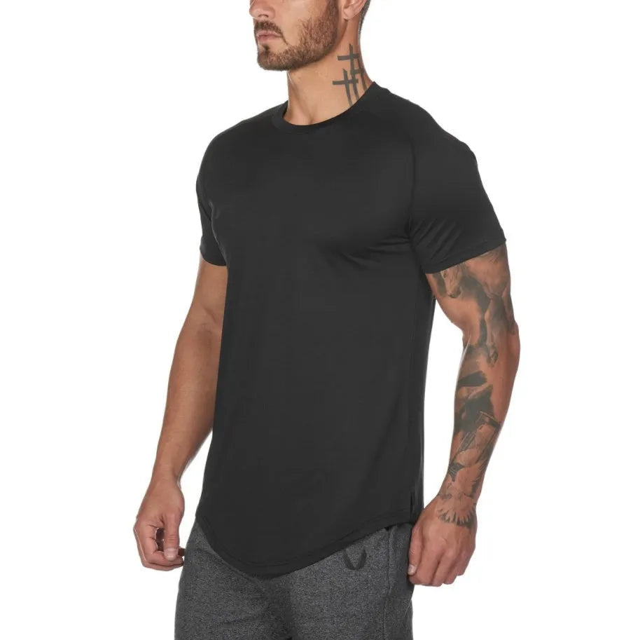 Plain short-sleeved mens gym shirt in green, showing cotton-spandex fabric texture.
