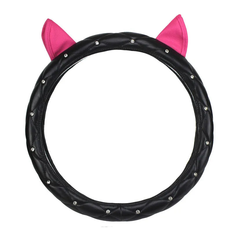 Black Rose Red steering wheel cover with rhinestones from Super Cute Ear series on a car steering wheel