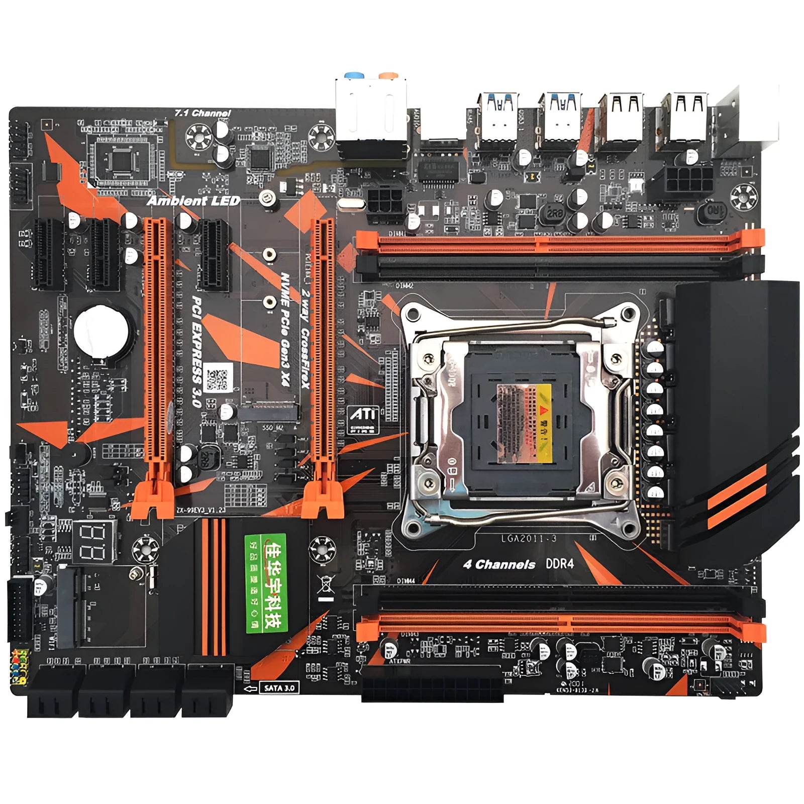 Black X99 ATX motherboard with LGA2011-3 socket, four DDR4 slots, PCIe slots, and multiple SATA ports