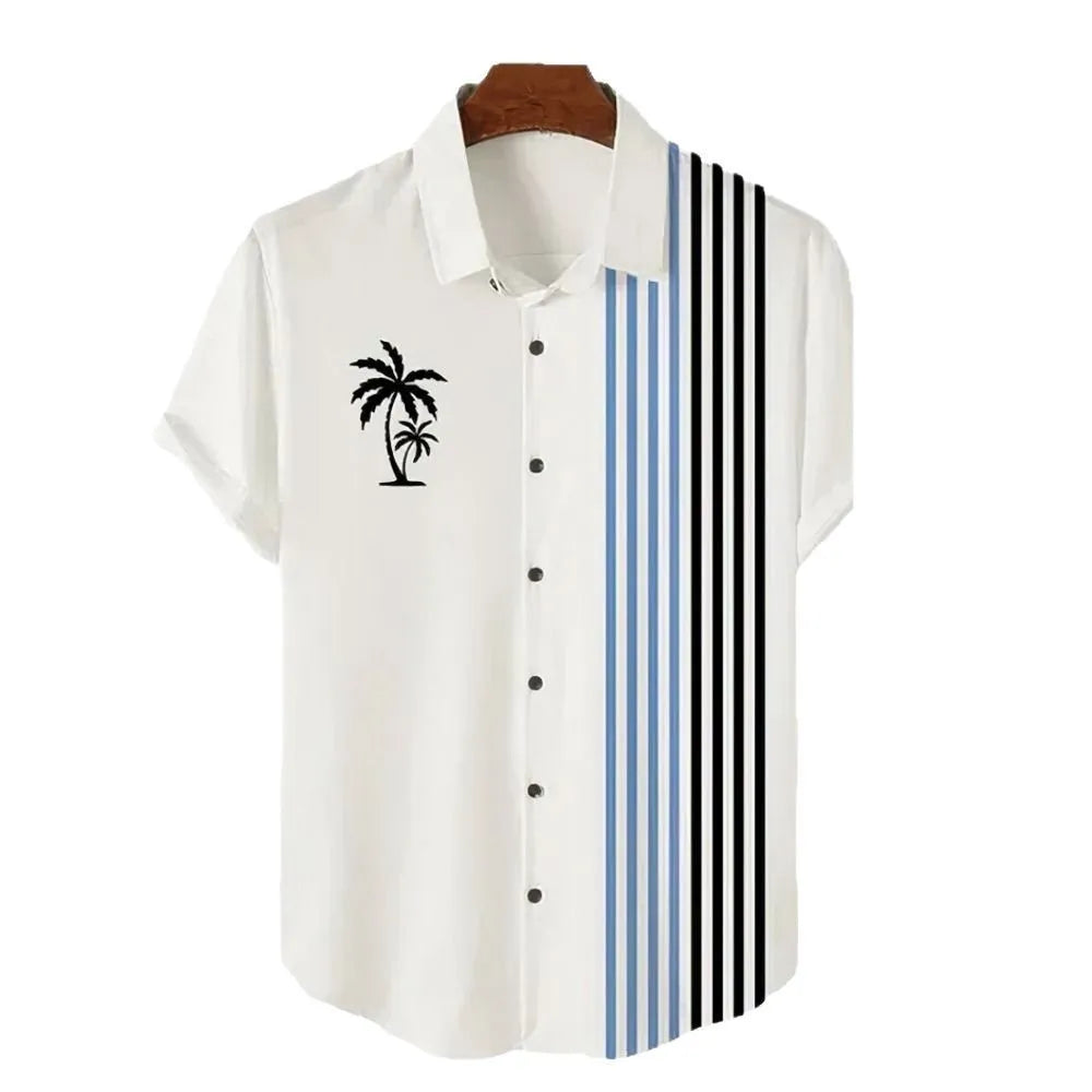 Hawaiian men's 3D printed short-sleeved cardigan shirt in green and blue tropical pattern, front view